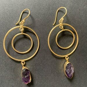 Gold plated  Double-Hoop Earrings with Amethyst Drops